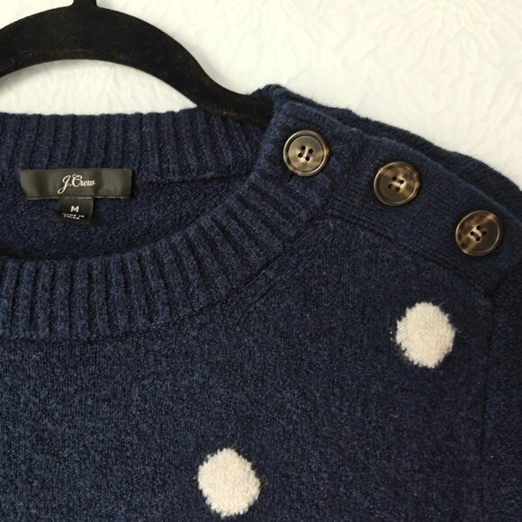 J. CREW Button Merino Blend Polka Dot Crewneck Sweater Navy Women's Size Medium - Picture 4 of 10